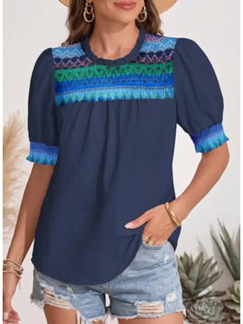 Boho Geometric Ruffle Crewneck Tunic Blouse Short Puff Sleeve Chiffon Shirt